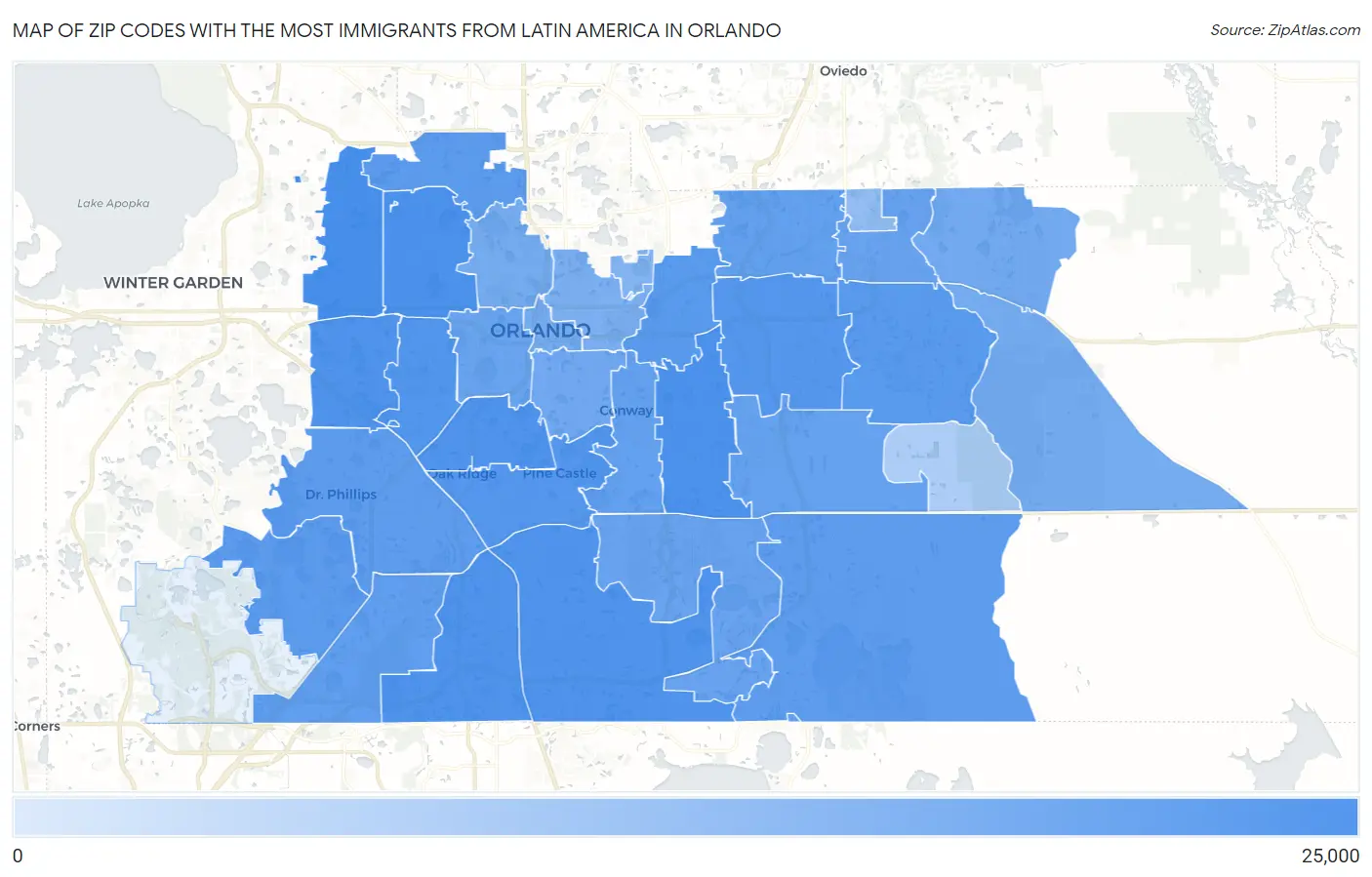 Zip Codes with the Most Immigrants from Latin America in Orlando Map
