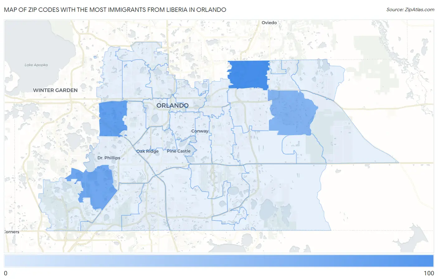 Zip Codes with the Most Immigrants from Liberia in Orlando Map
