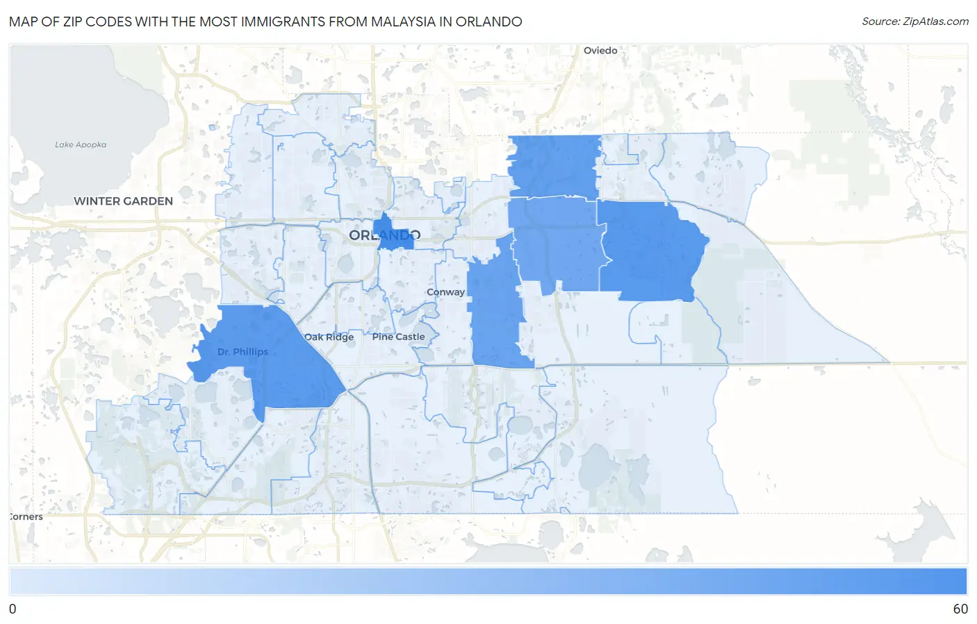 Zip Codes with the Most Immigrants from Malaysia in Orlando Map