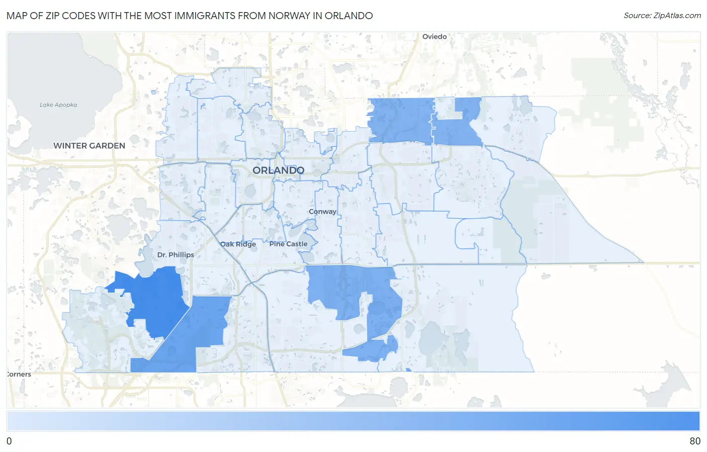 Zip Codes with the Most Immigrants from Norway in Orlando Map