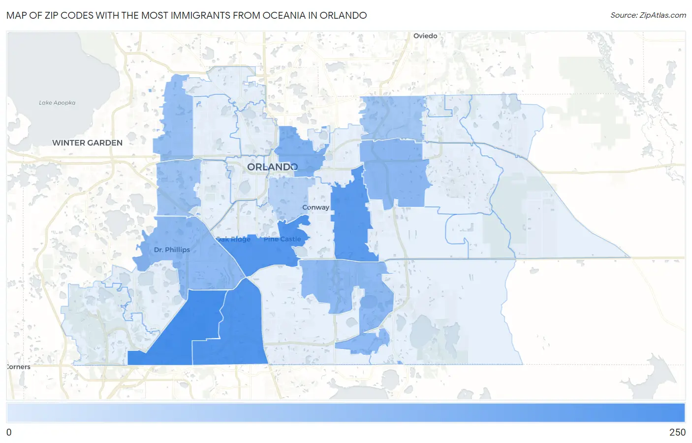 Zip Codes with the Most Immigrants from Oceania in Orlando Map