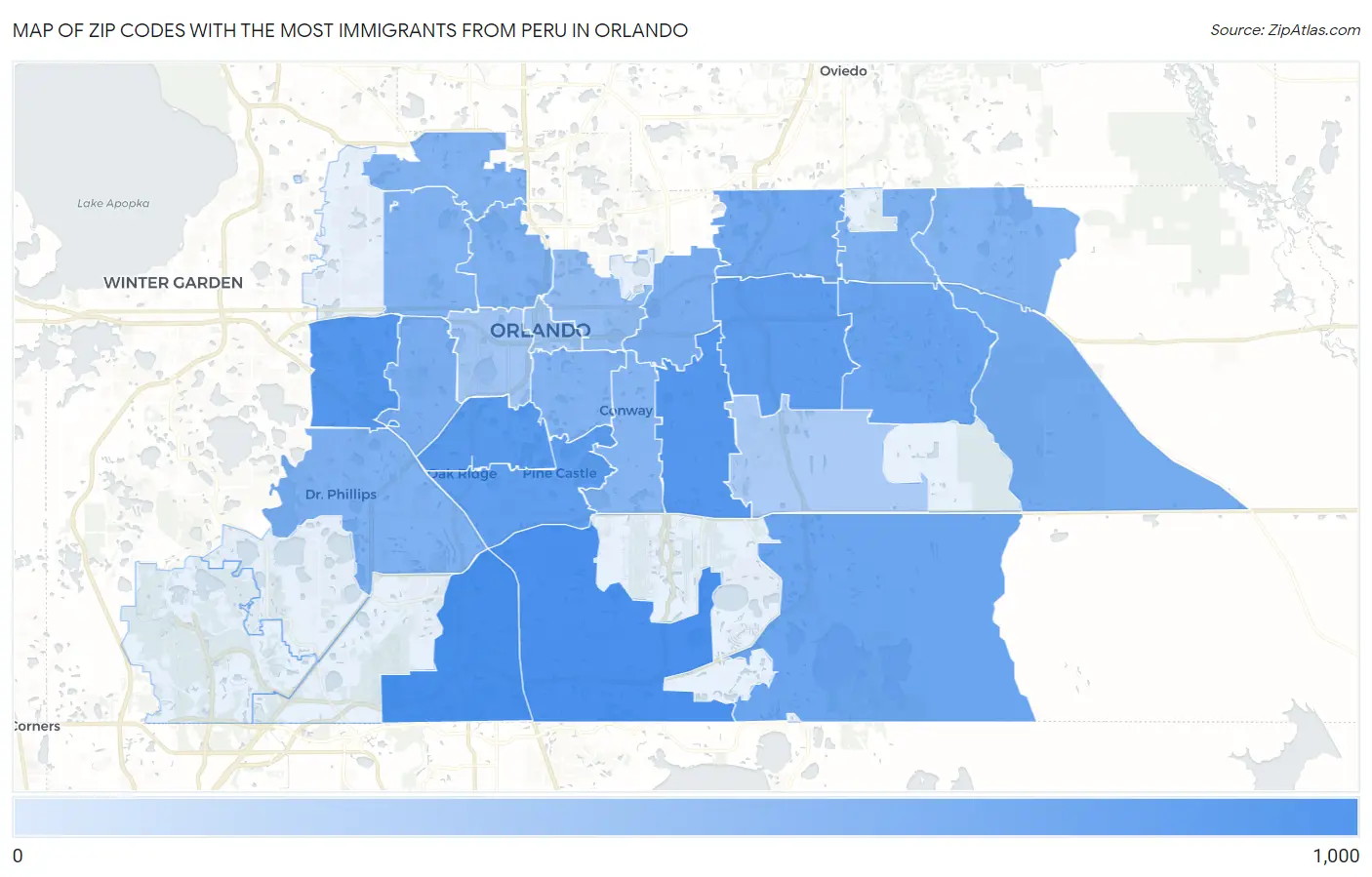 Zip Codes with the Most Immigrants from Peru in Orlando Map