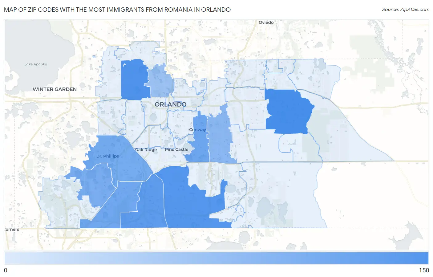 Zip Codes with the Most Immigrants from Romania in Orlando Map