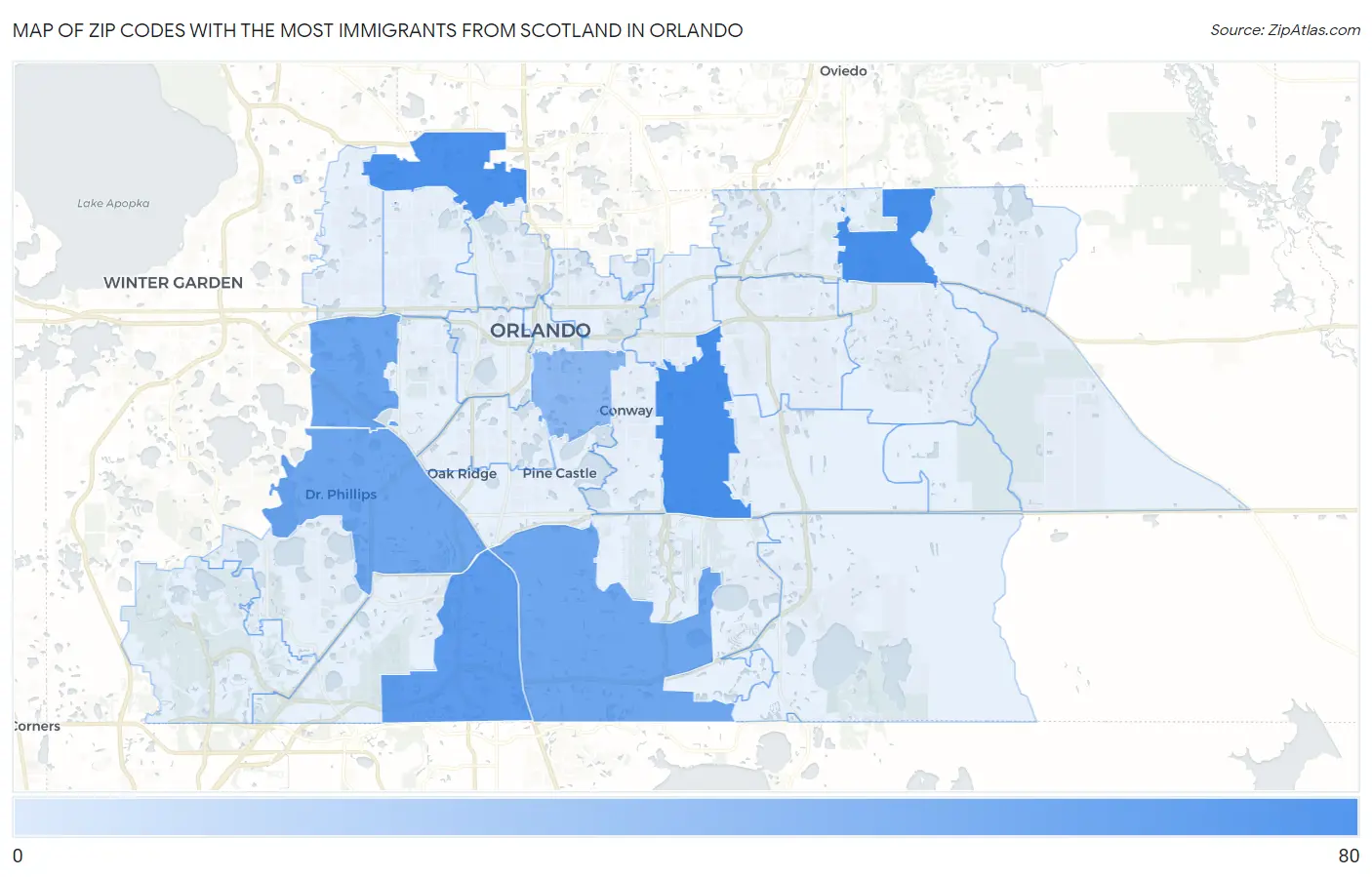 Zip Codes with the Most Immigrants from Scotland in Orlando Map