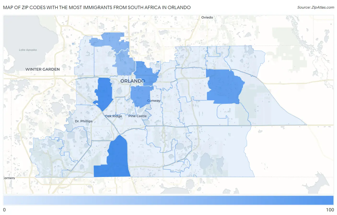 Zip Codes with the Most Immigrants from South Africa in Orlando Map