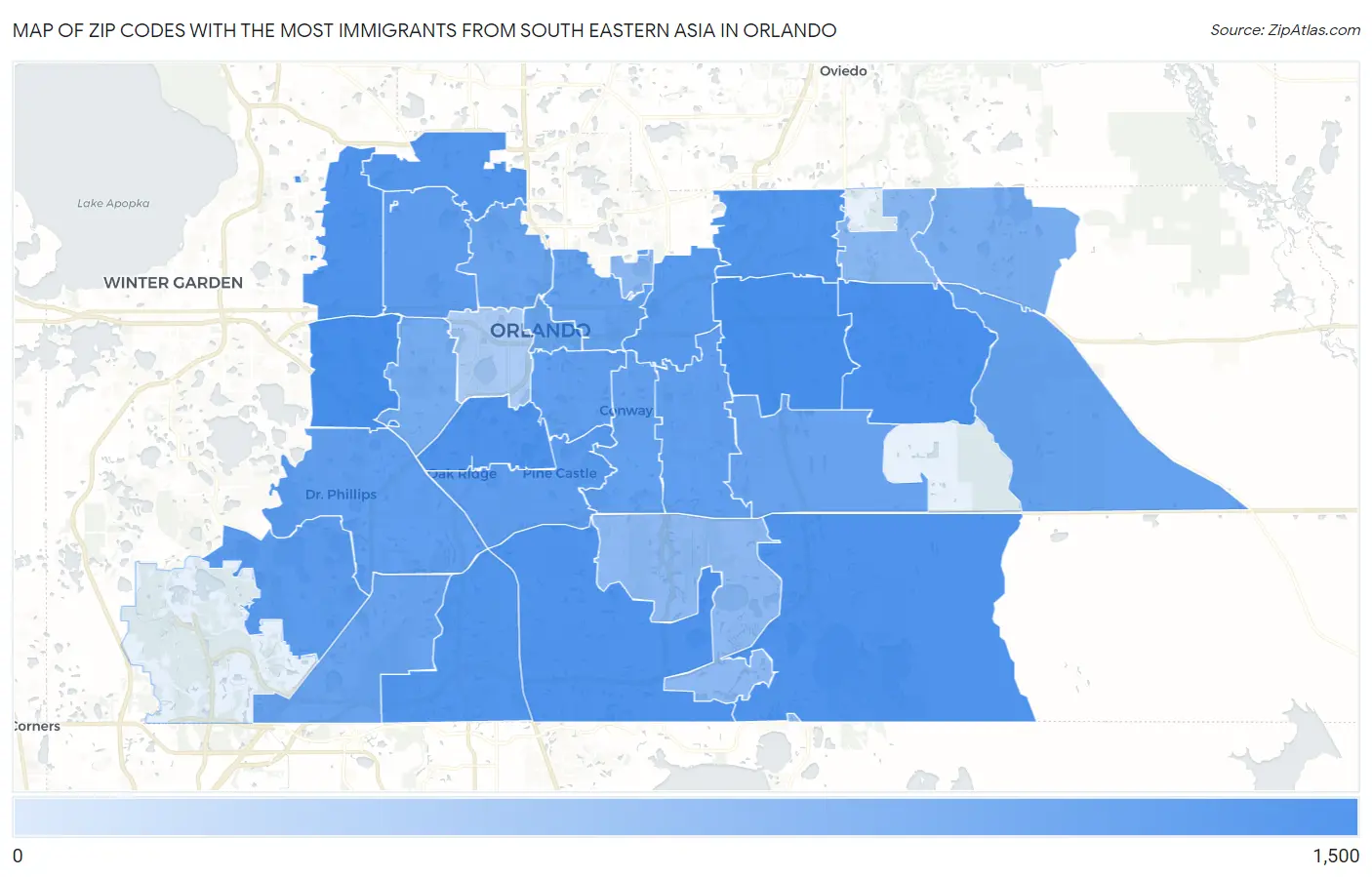 Zip Codes with the Most Immigrants from South Eastern Asia in Orlando Map