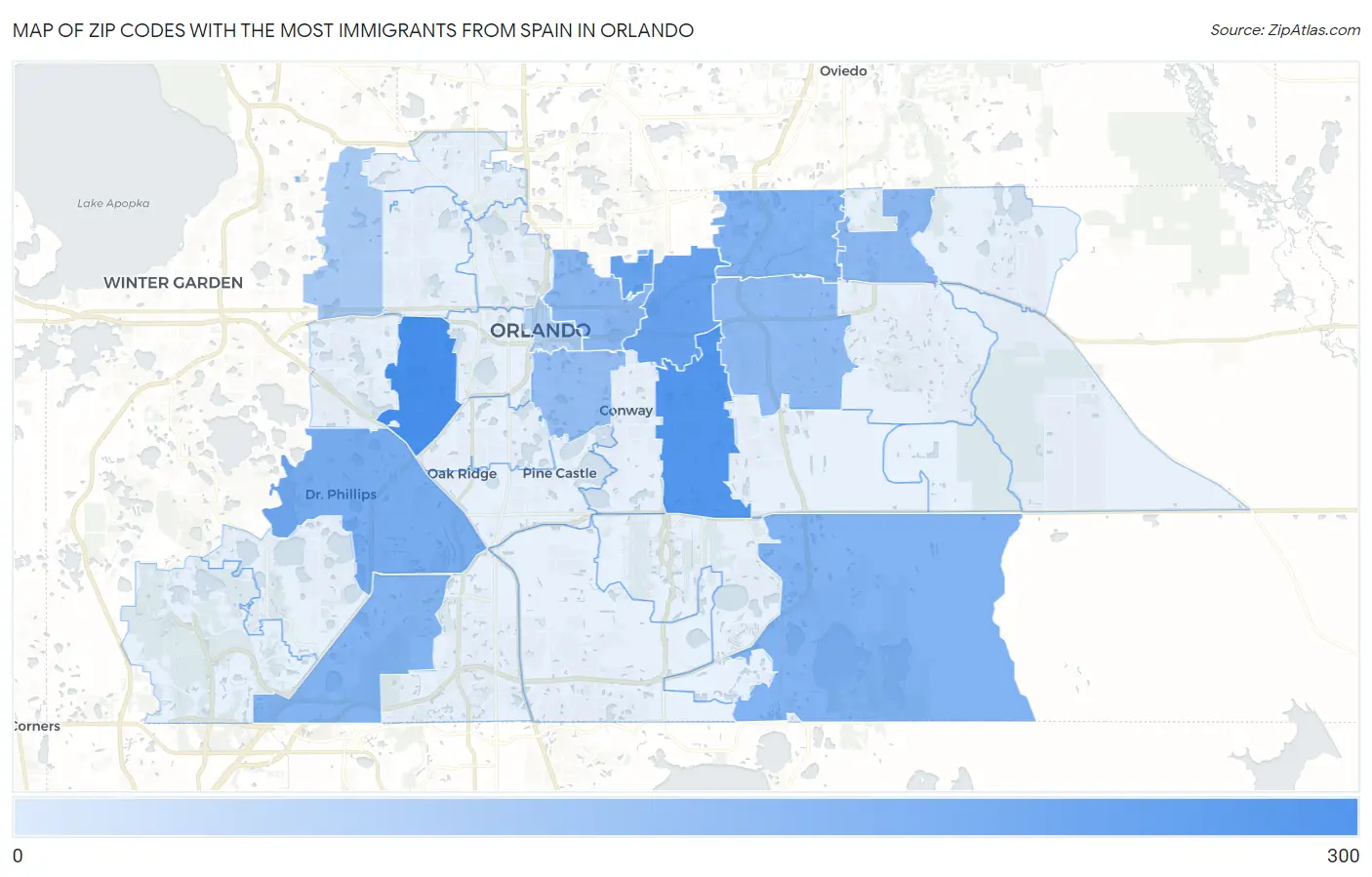 Zip Codes with the Most Immigrants from Spain in Orlando Map