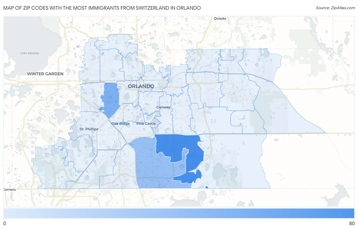 Zip Codes with the Most Immigrants from Switzerland in Orlando Map