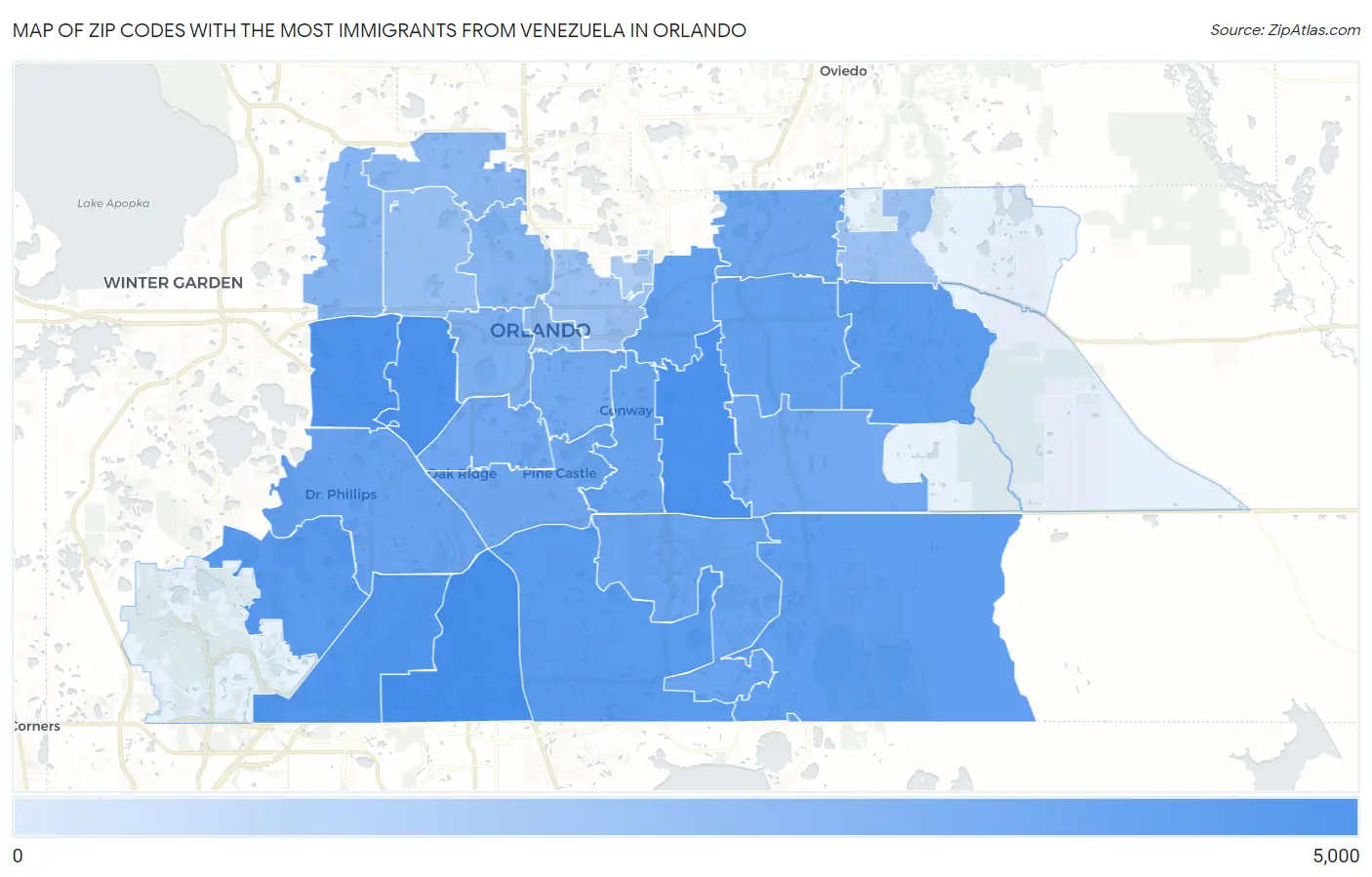Zip Codes with the Most Immigrants from Venezuela in Orlando Map