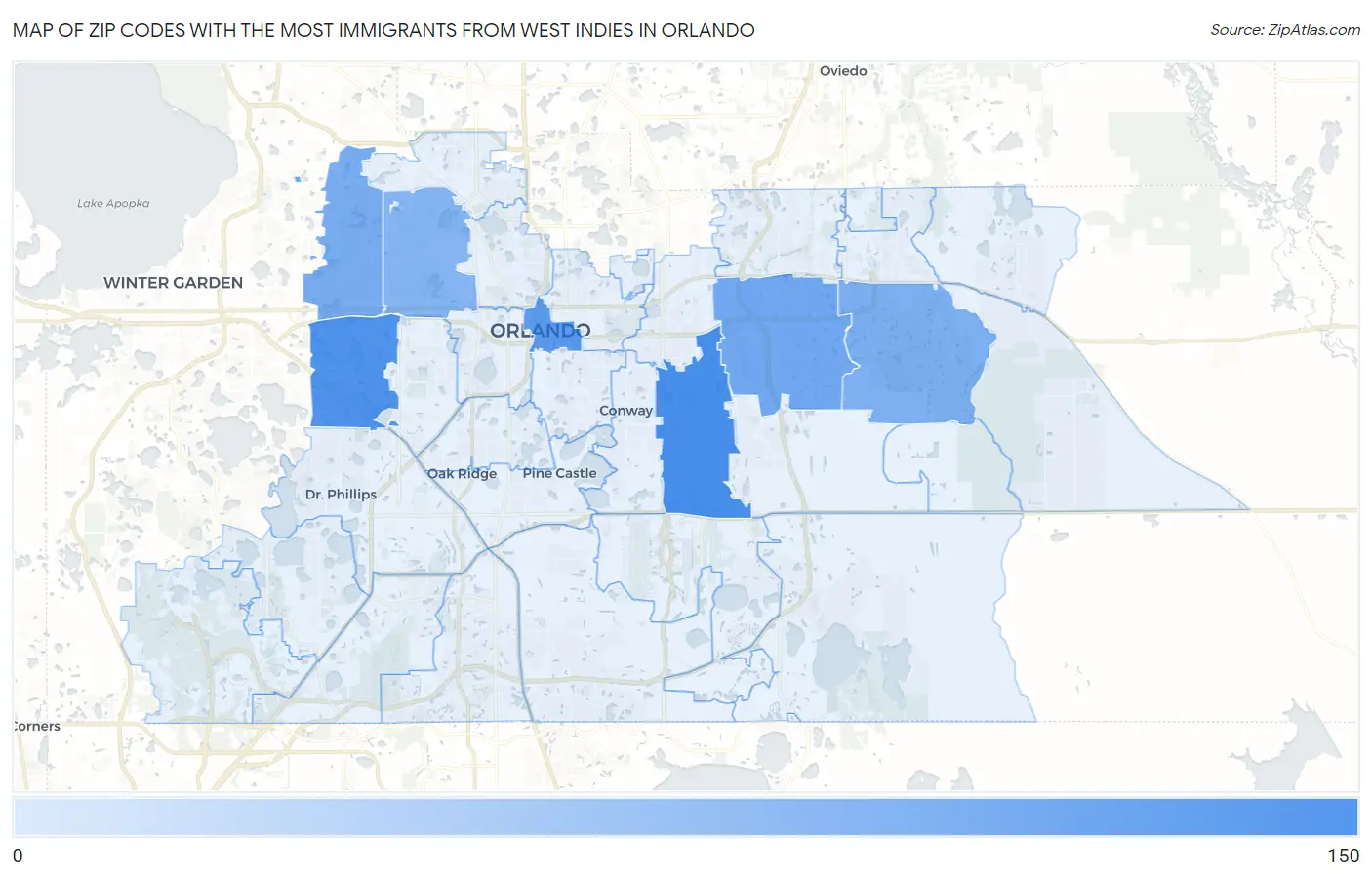 Zip Codes with the Most Immigrants from West Indies in Orlando Map