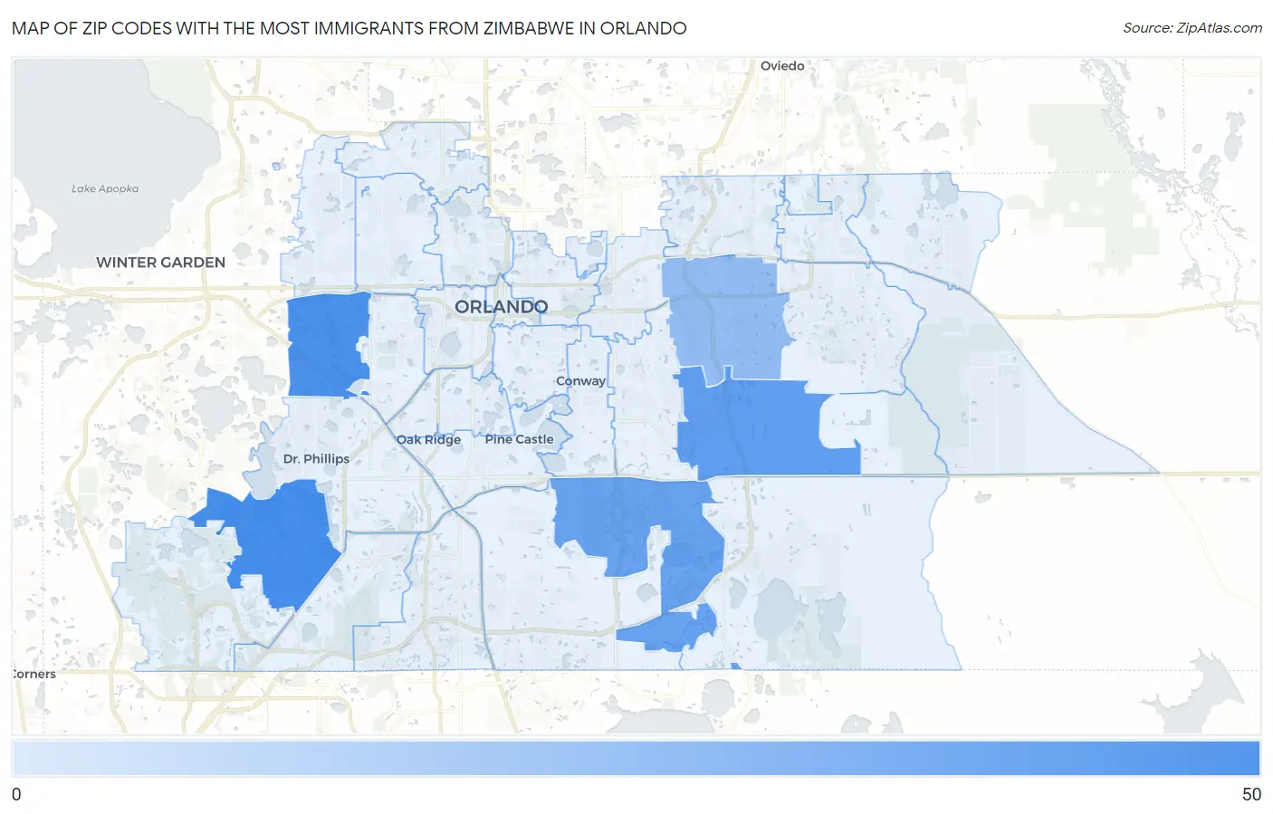 Zip Codes with the Most Immigrants from Zimbabwe in Orlando Map