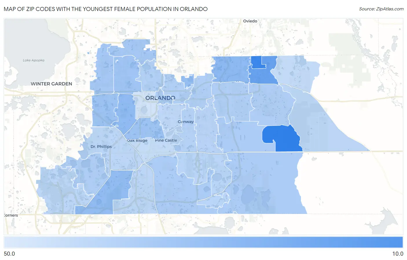 Zip Codes with the Youngest Female Population in Orlando Map