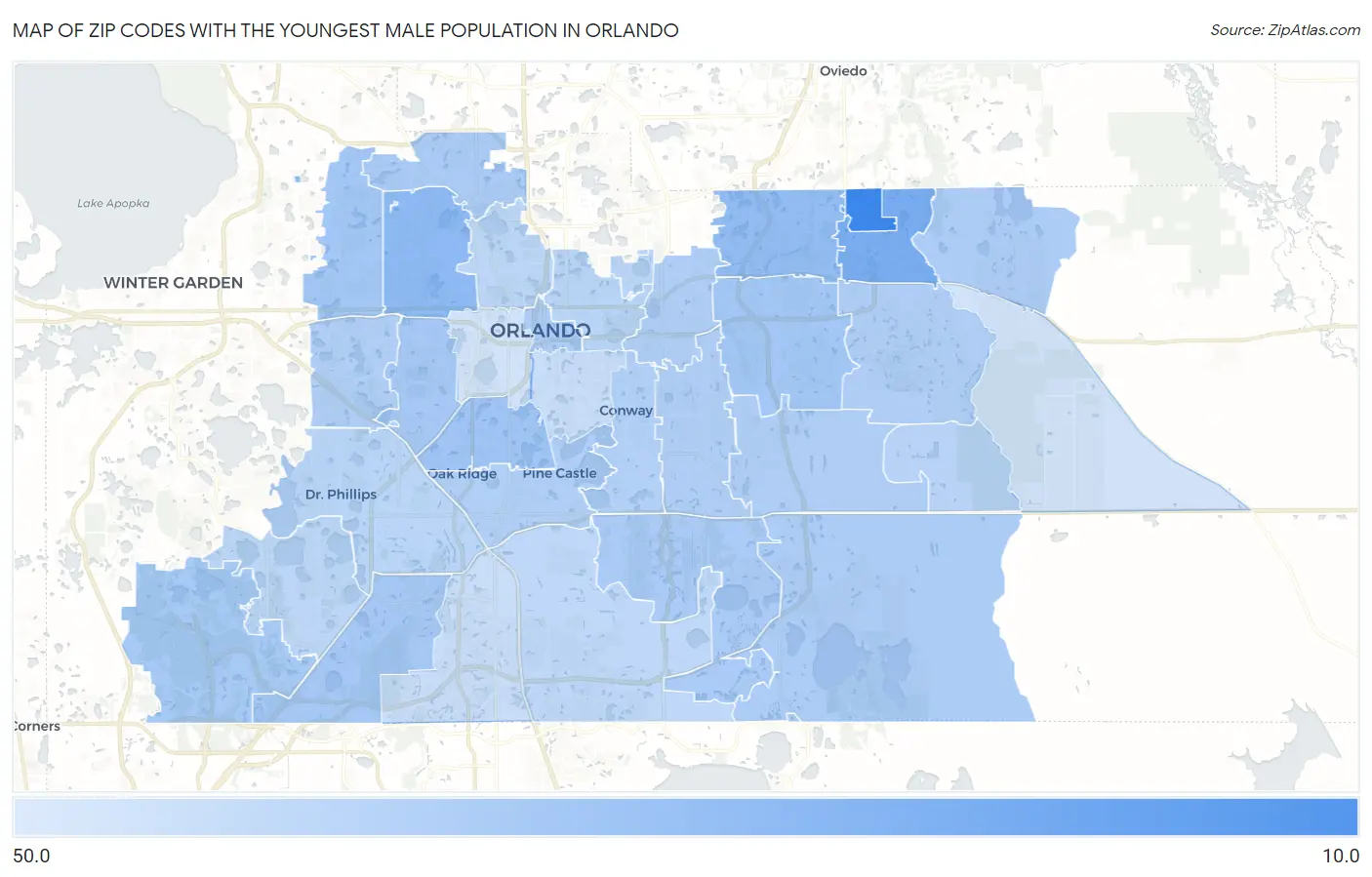 Zip Codes with the Youngest Male Population in Orlando Map