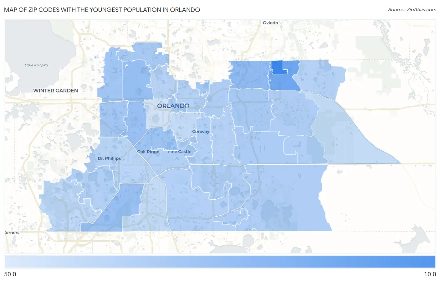 Zip Codes with the Youngest Population in Orlando Map