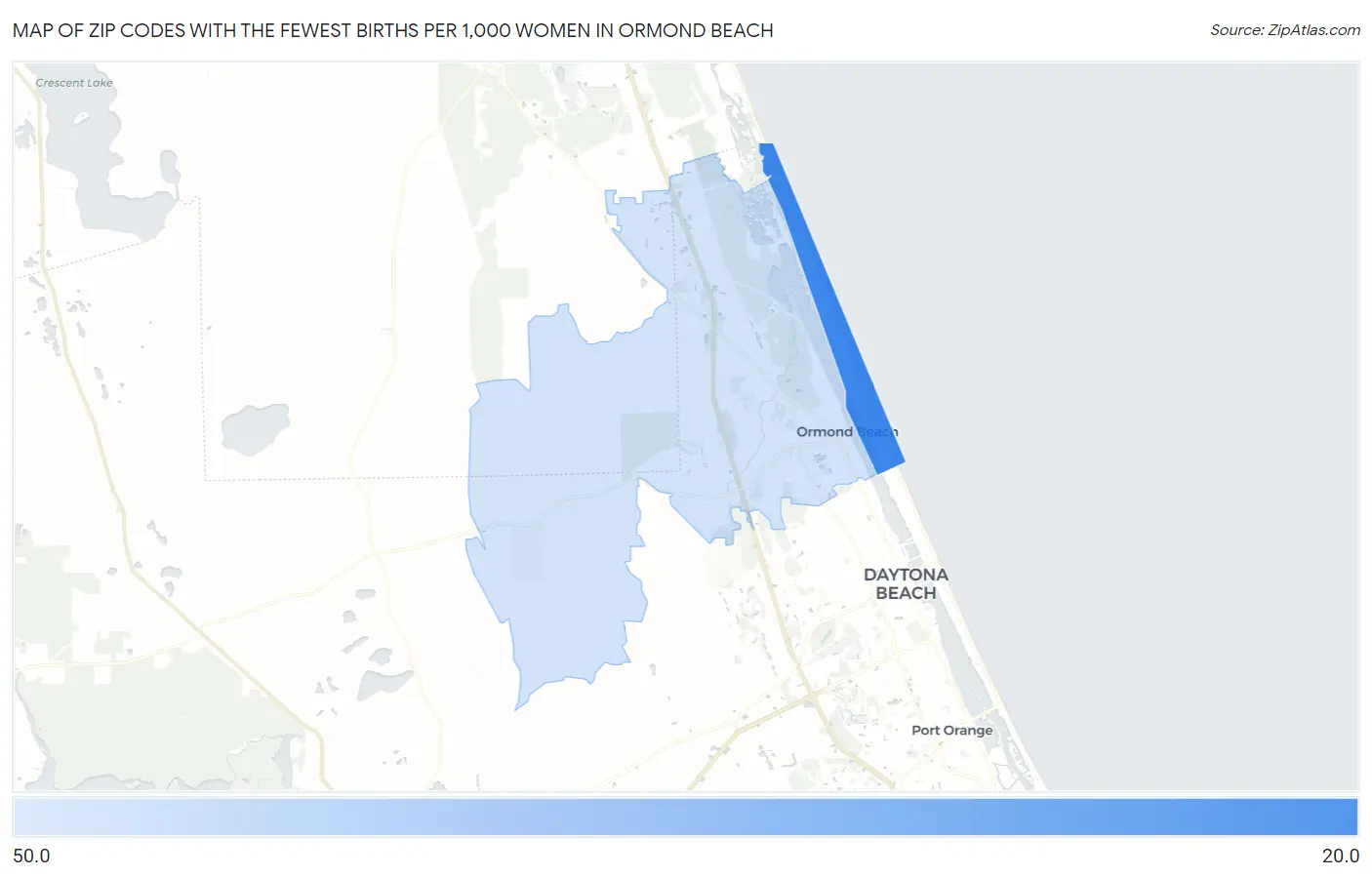Zip Codes with the Fewest Births per 1,000 Women in Ormond Beach Map