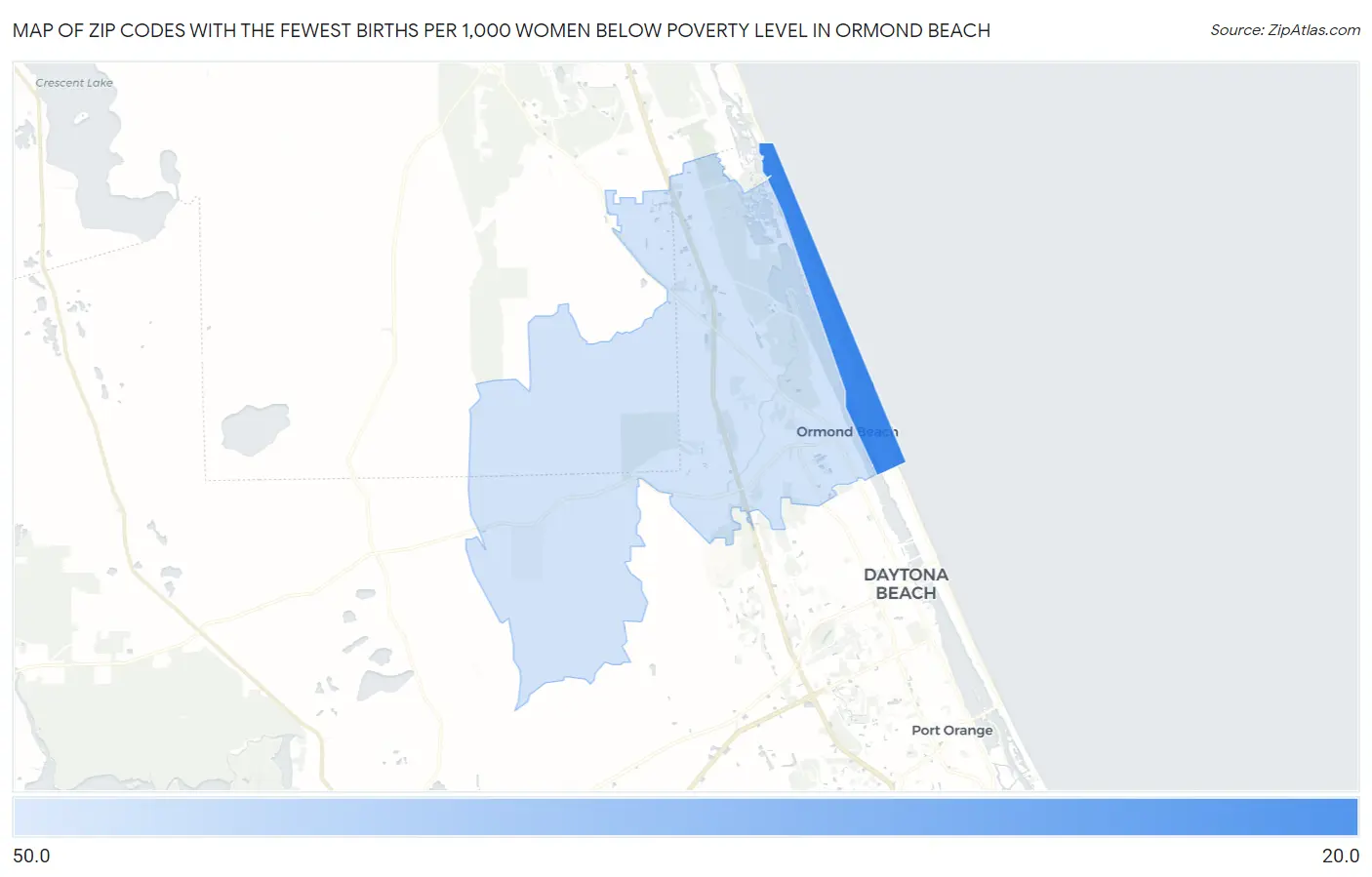 Zip Codes with the Fewest Births per 1,000 Women Below Poverty Level in Ormond Beach Map