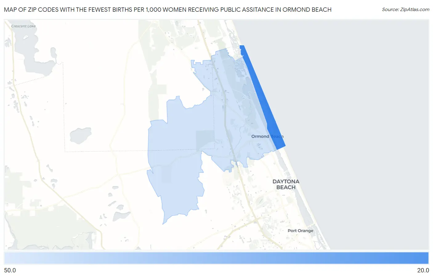Zip Codes with the Fewest Births per 1,000 Women Receiving Public Assitance in Ormond Beach Map