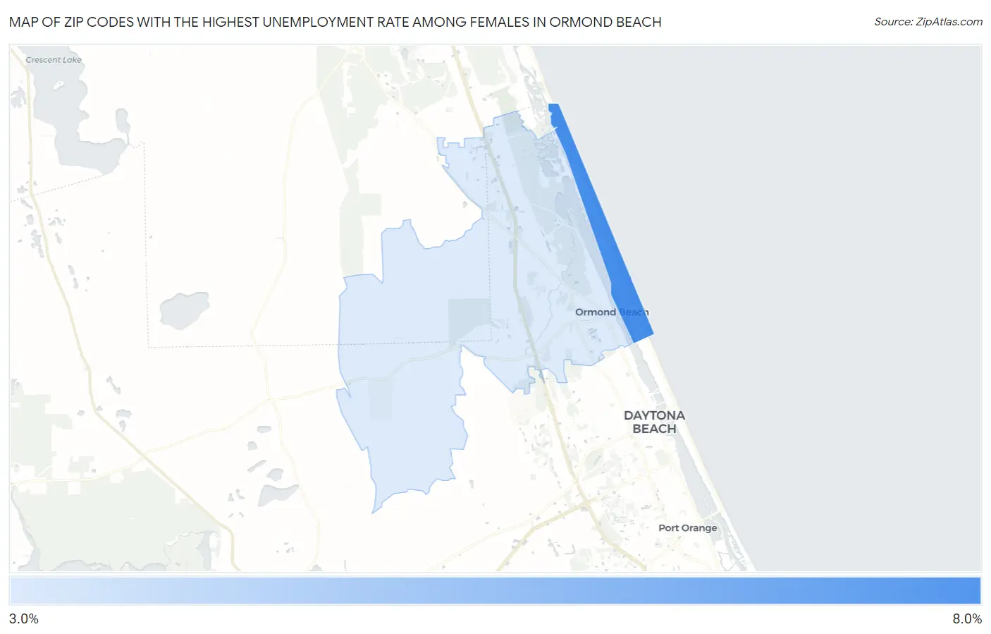 Zip Codes with the Highest Unemployment Rate Among Females in Ormond Beach Map