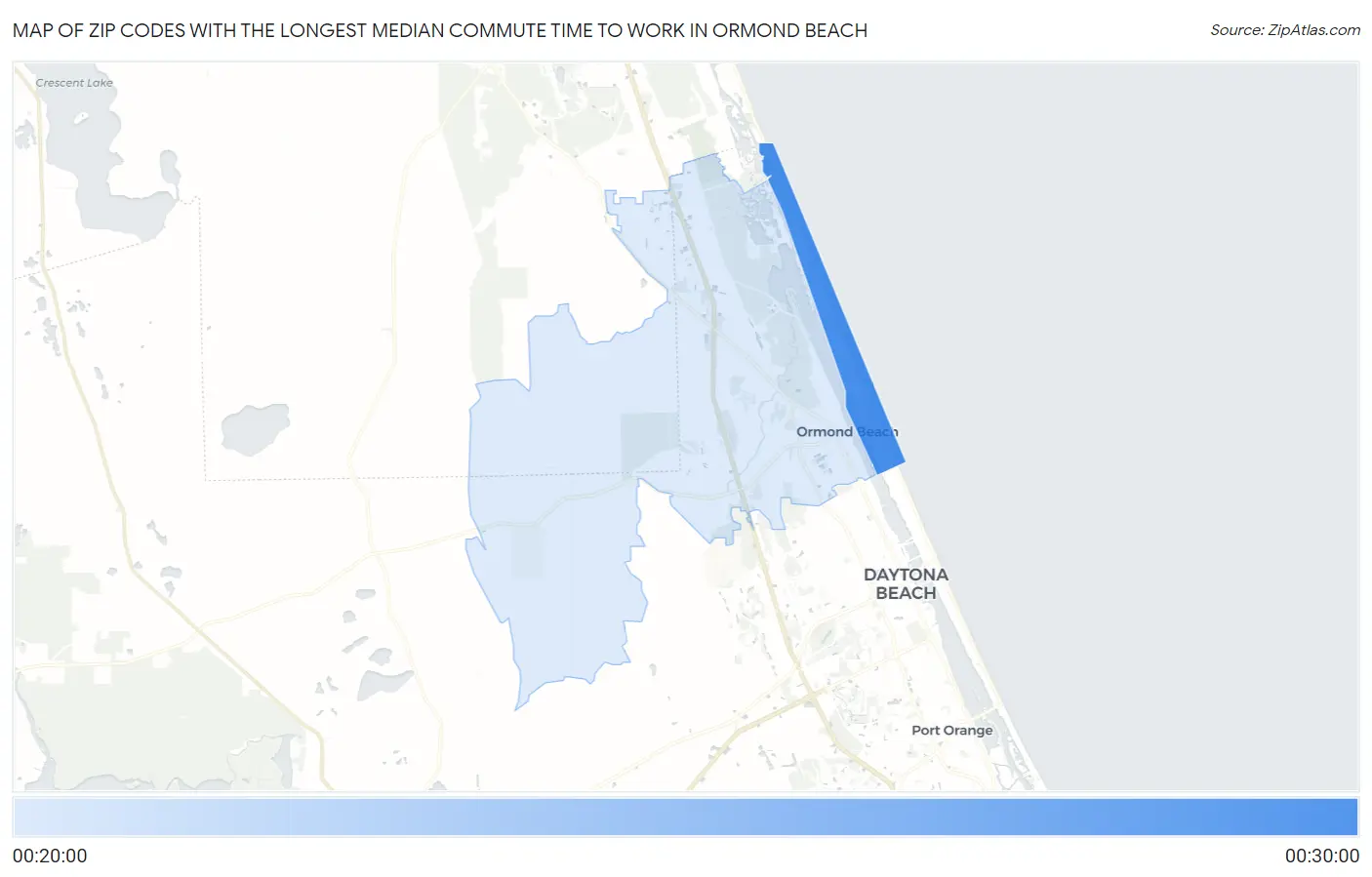 Zip Codes with the Longest Median Commute Time to Work in Ormond Beach Map