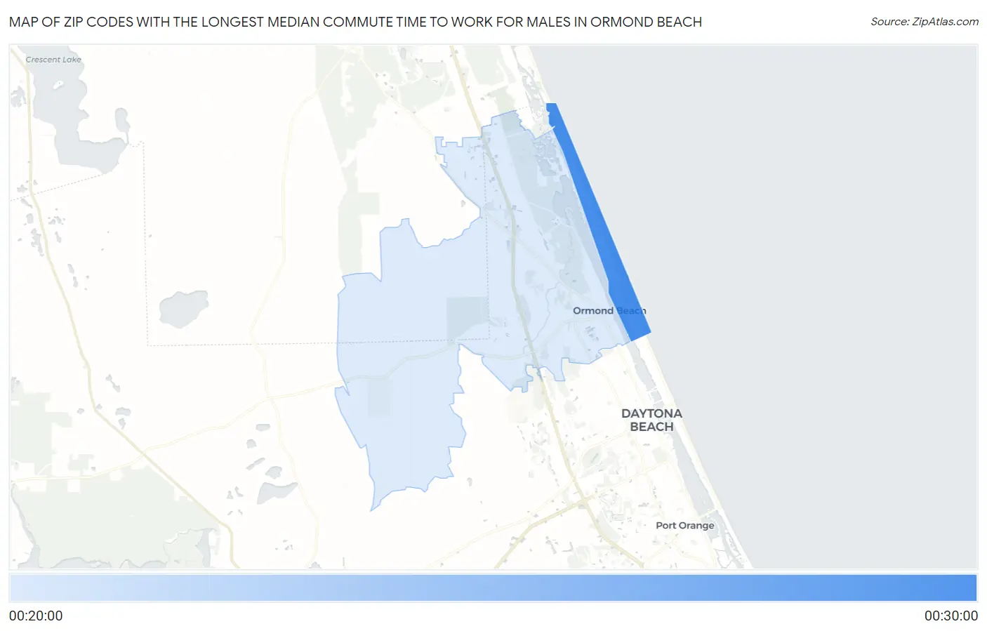 Zip Codes with the Longest Median Commute Time to Work for Males in Ormond Beach Map