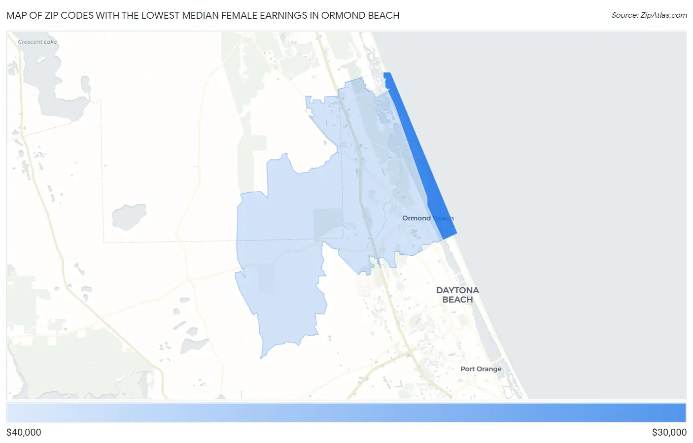 Zip Codes with the Lowest Median Female Earnings in Ormond Beach Map