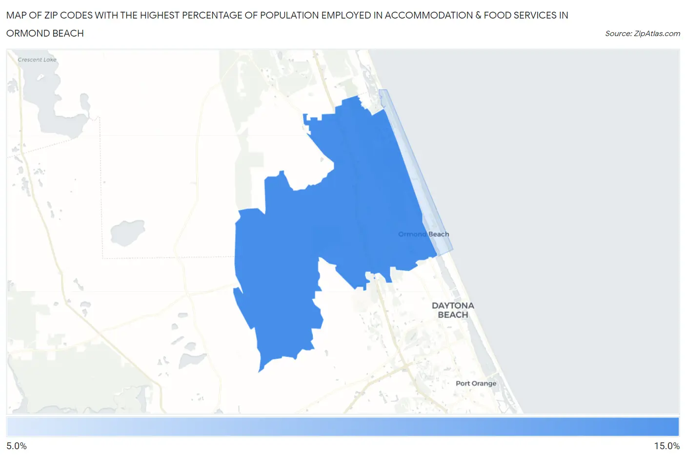 Zip Codes with the Highest Percentage of Population Employed in Accommodation & Food Services in Ormond Beach Map