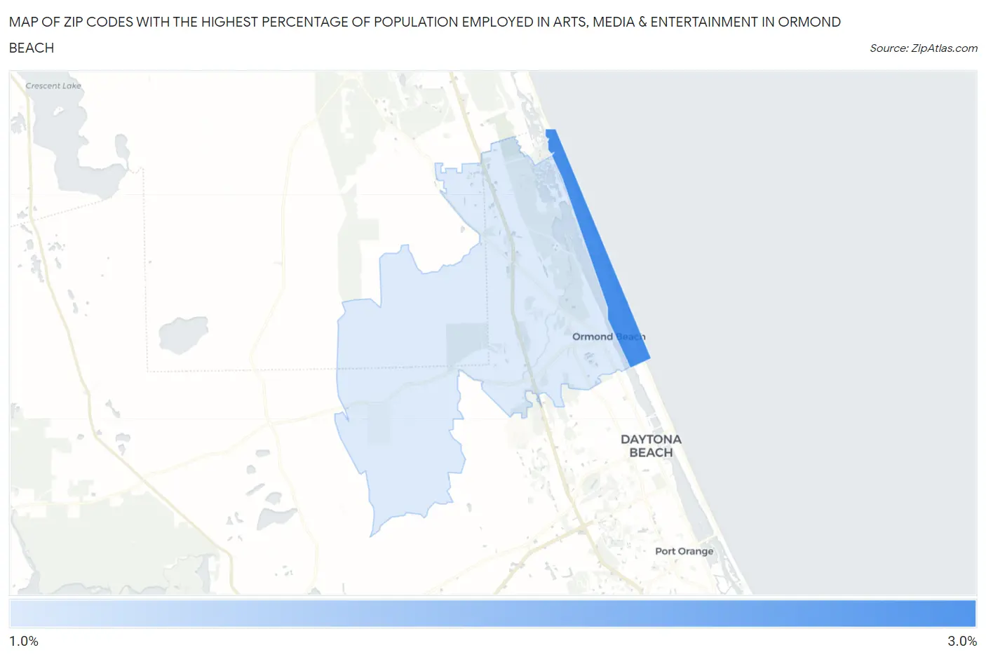 Zip Codes with the Highest Percentage of Population Employed in Arts, Media & Entertainment in Ormond Beach Map