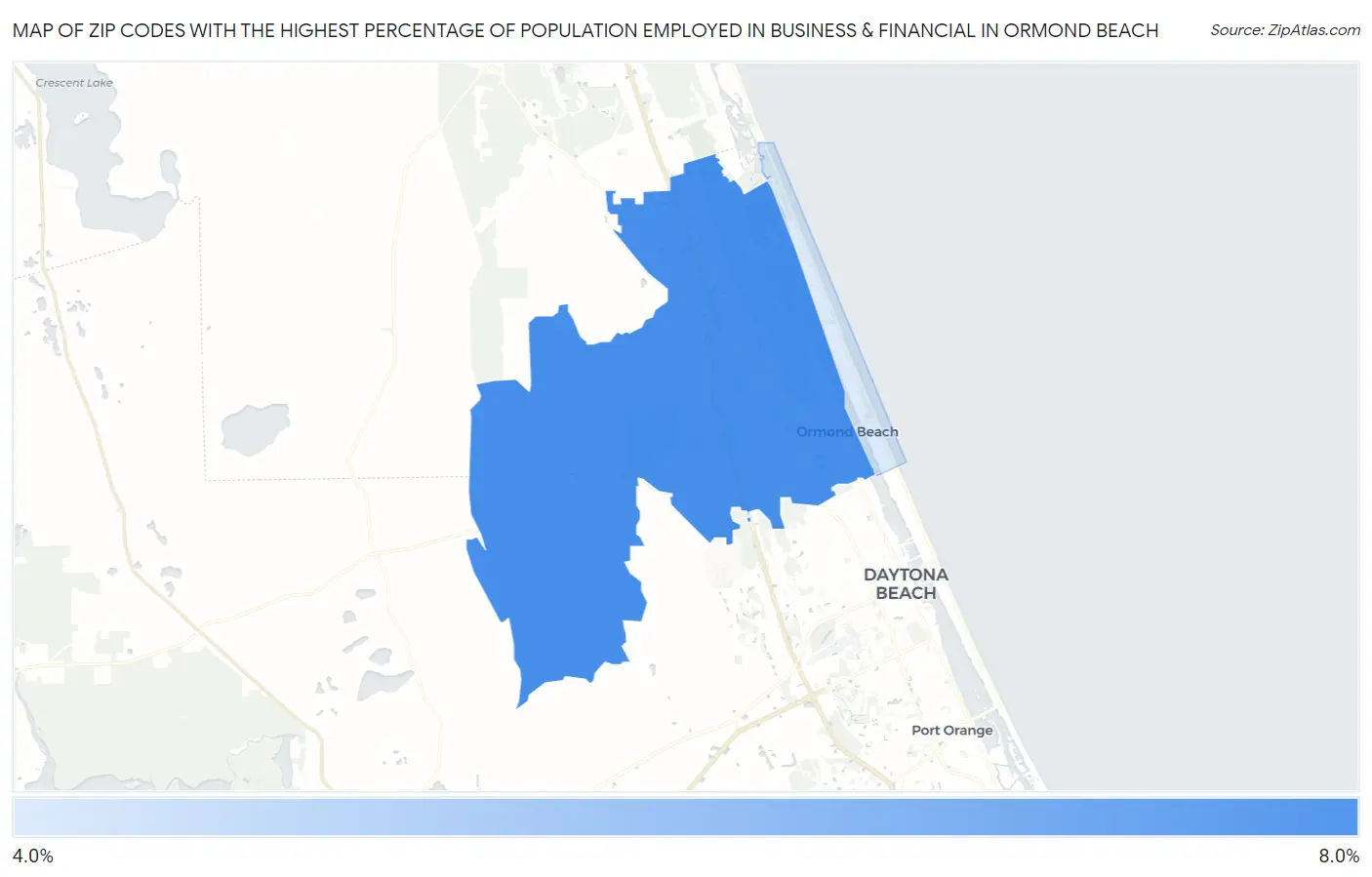 Zip Codes with the Highest Percentage of Population Employed in Business & Financial in Ormond Beach Map