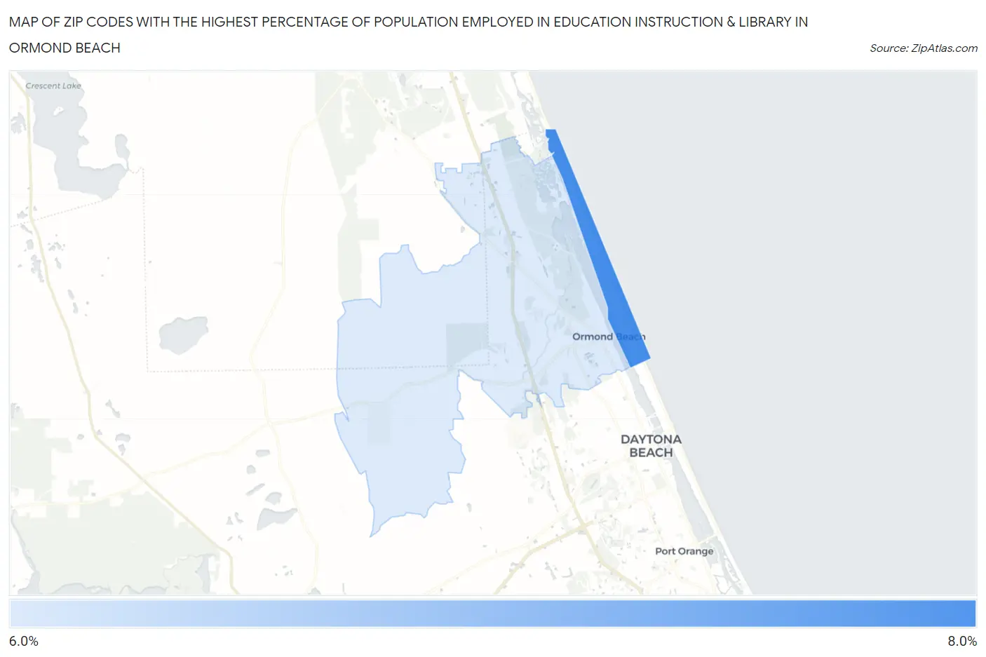 Zip Codes with the Highest Percentage of Population Employed in Education Instruction & Library in Ormond Beach Map