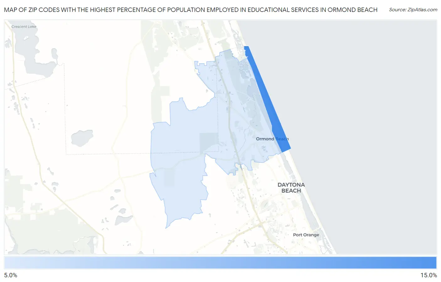 Zip Codes with the Highest Percentage of Population Employed in Educational Services in Ormond Beach Map