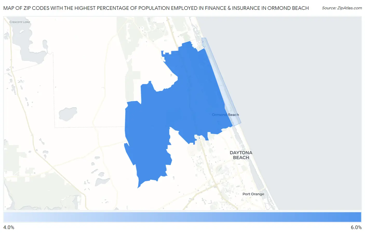 Zip Codes with the Highest Percentage of Population Employed in Finance & Insurance in Ormond Beach Map
