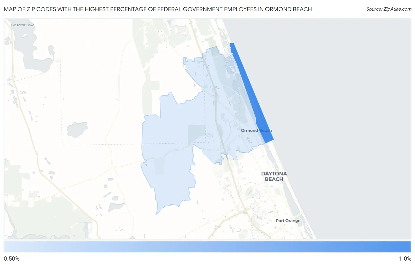 Zip Codes with the Highest Percentage of Federal Government Employees in Ormond Beach Map