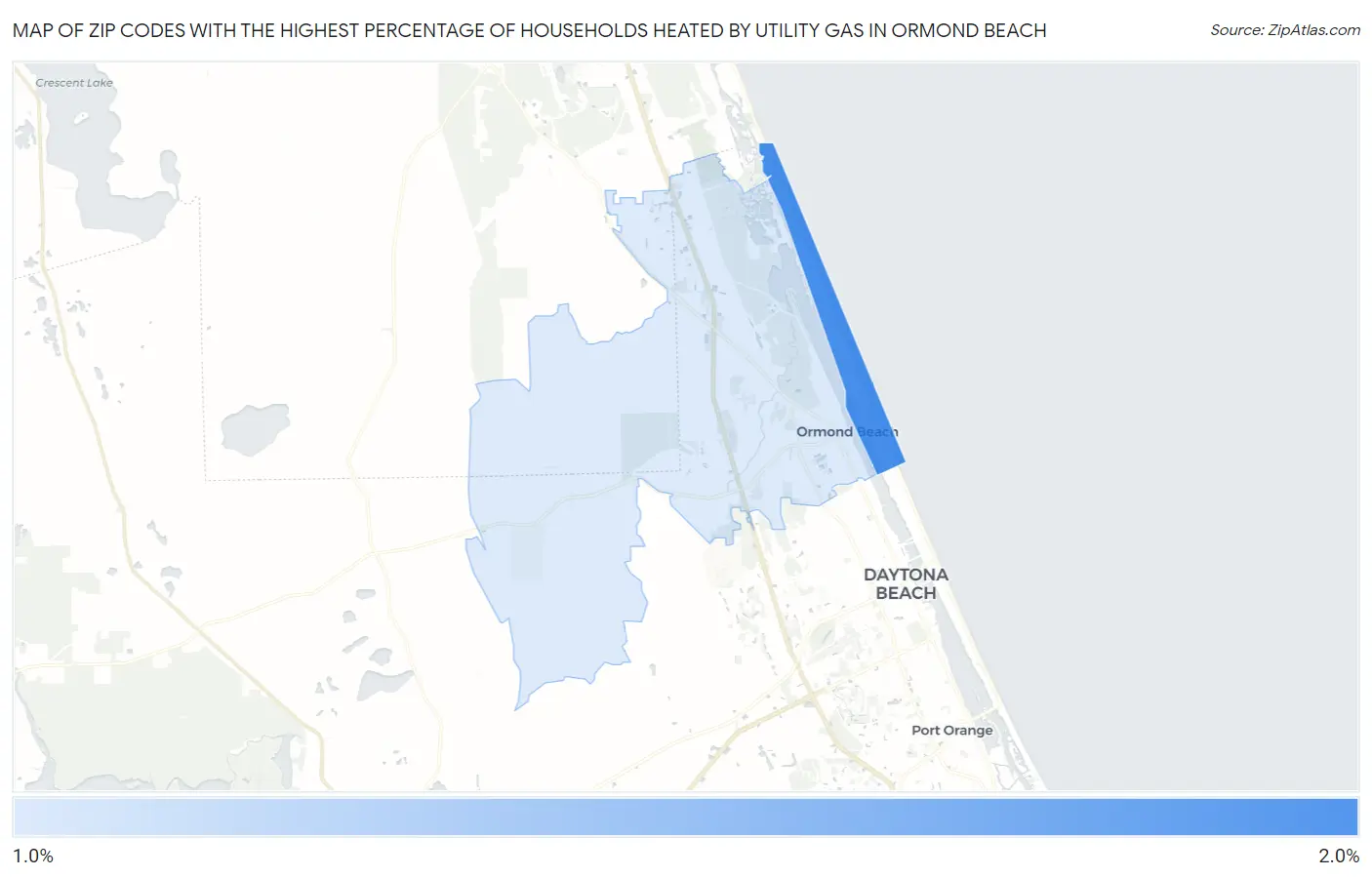 Zip Codes with the Highest Percentage of Households Heated by Utility Gas in Ormond Beach Map