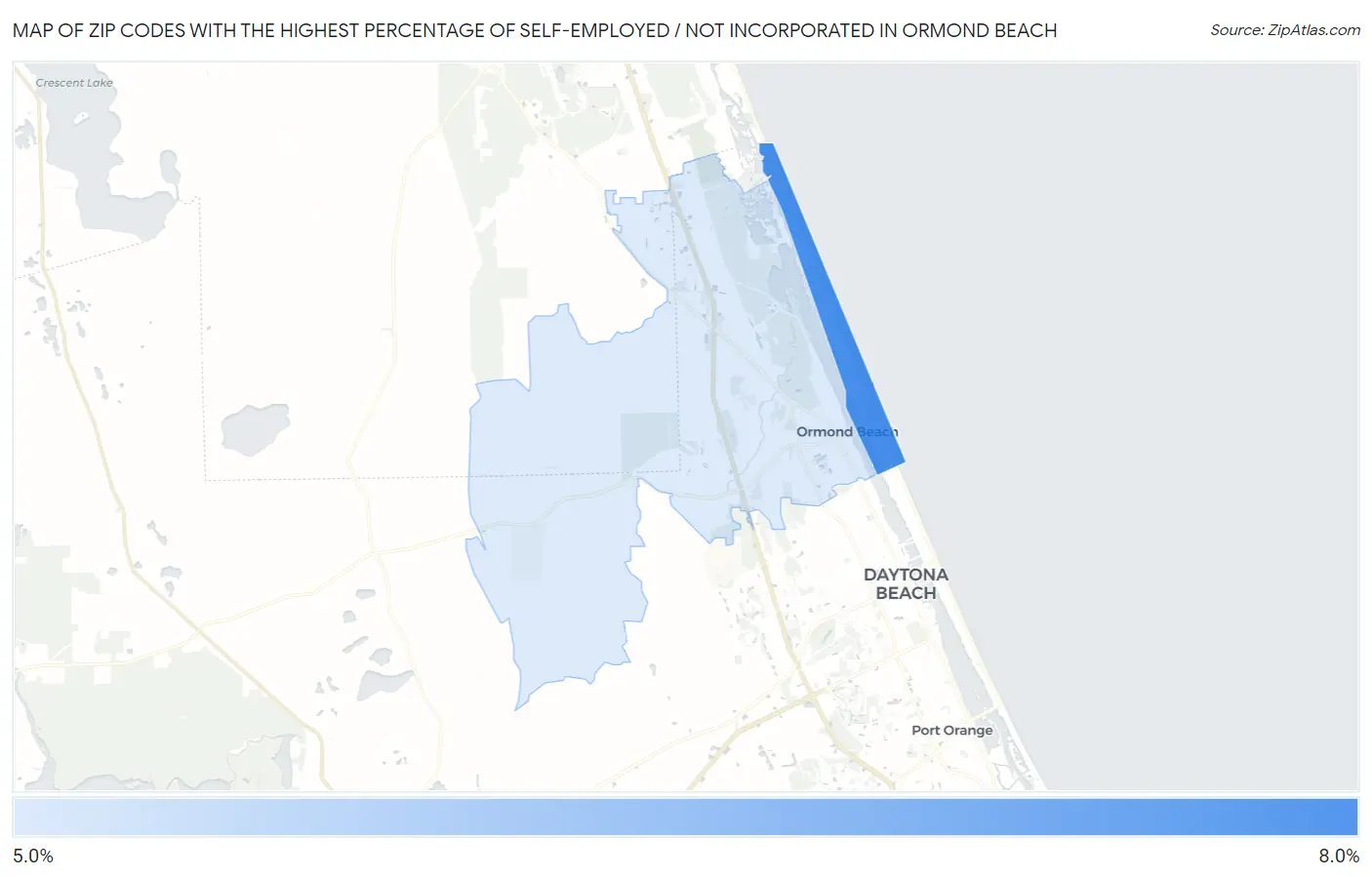 Zip Codes with the Highest Percentage of Self-Employed / Not Incorporated in Ormond Beach Map