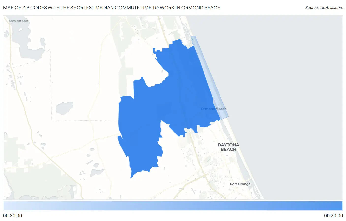 Zip Codes with the Shortest Median Commute Time to Work in Ormond Beach Map