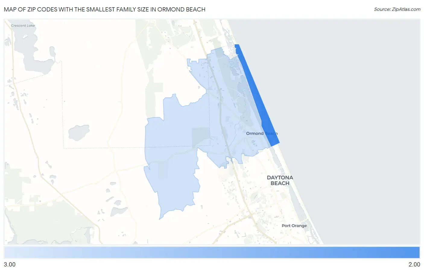 Zip Codes with the Smallest Family Size in Ormond Beach Map