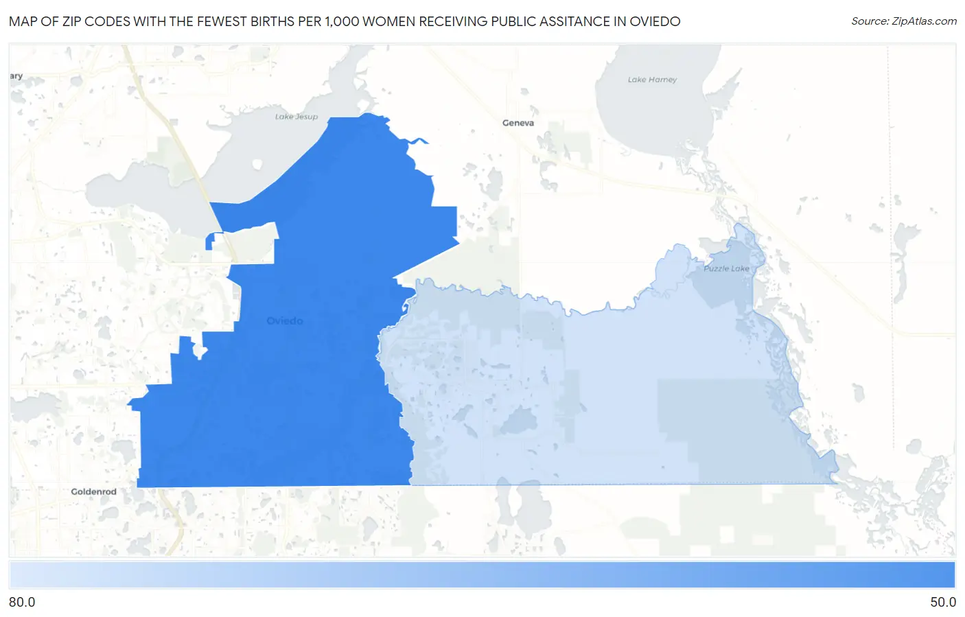 Zip Codes with the Fewest Births per 1,000 Women Receiving Public Assitance in Oviedo Map