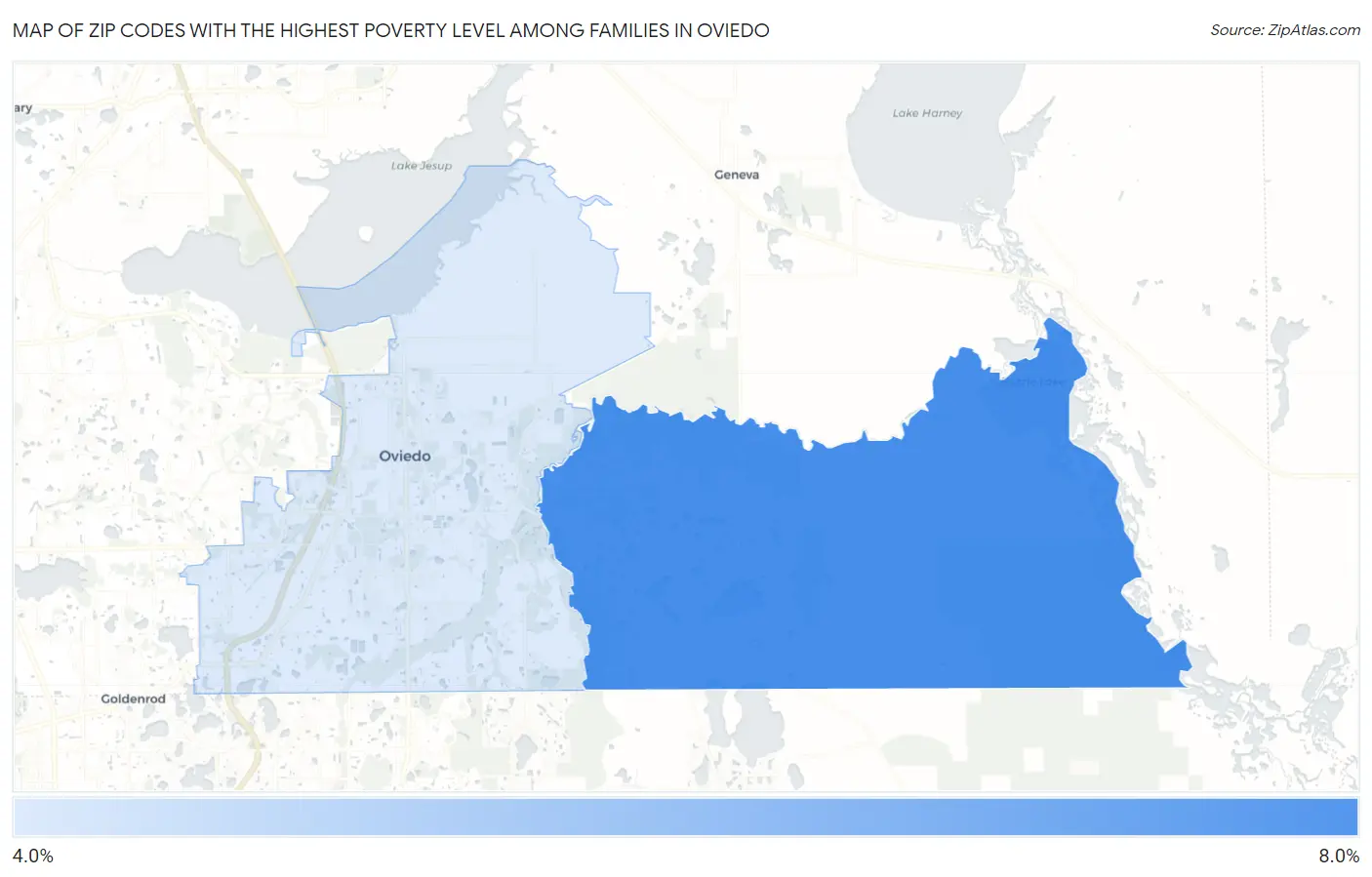 Zip Codes with the Highest Poverty Level Among Families in Oviedo Map