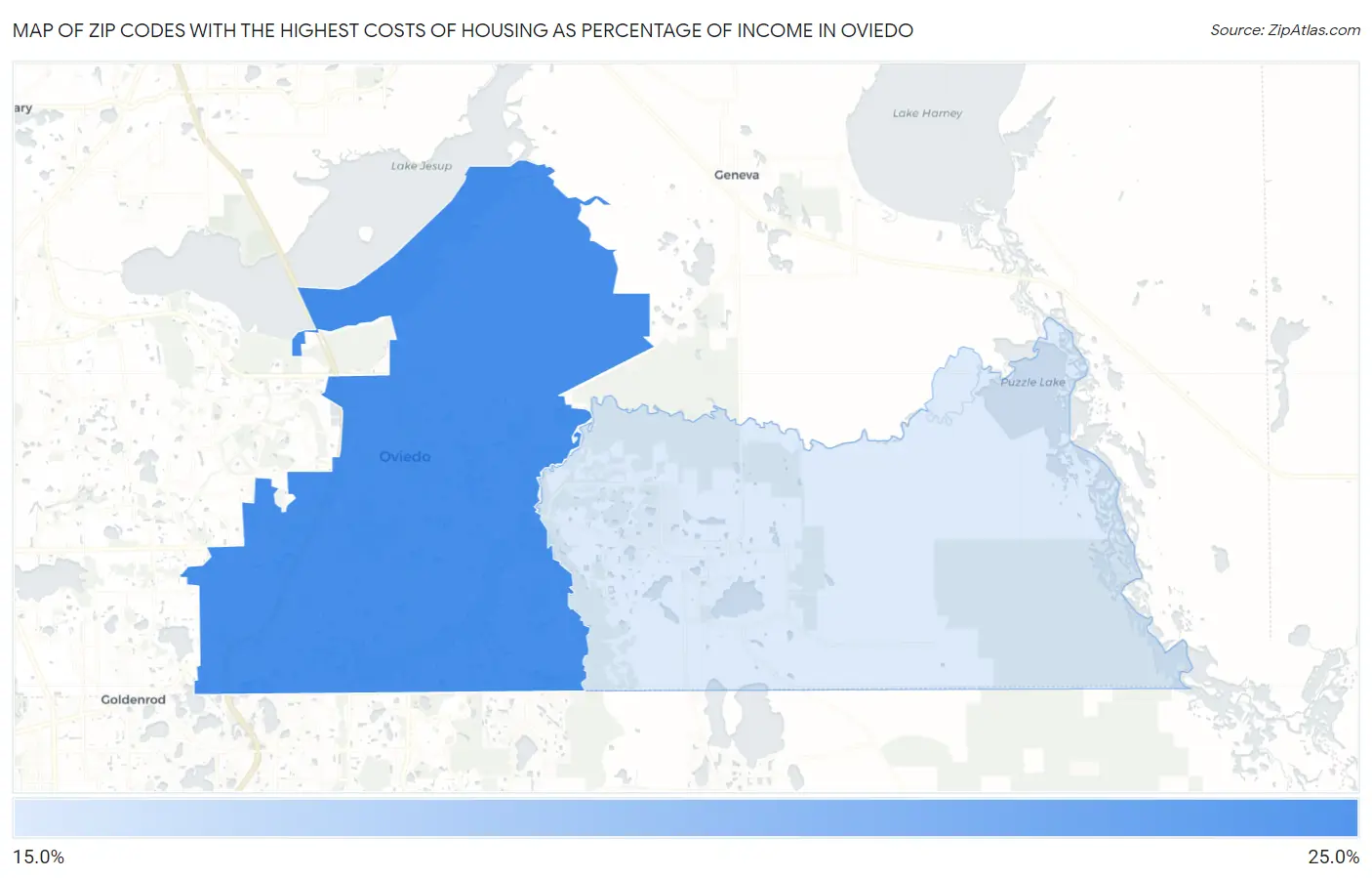 Zip Codes with the Highest Costs of Housing as Percentage of Income in Oviedo Map