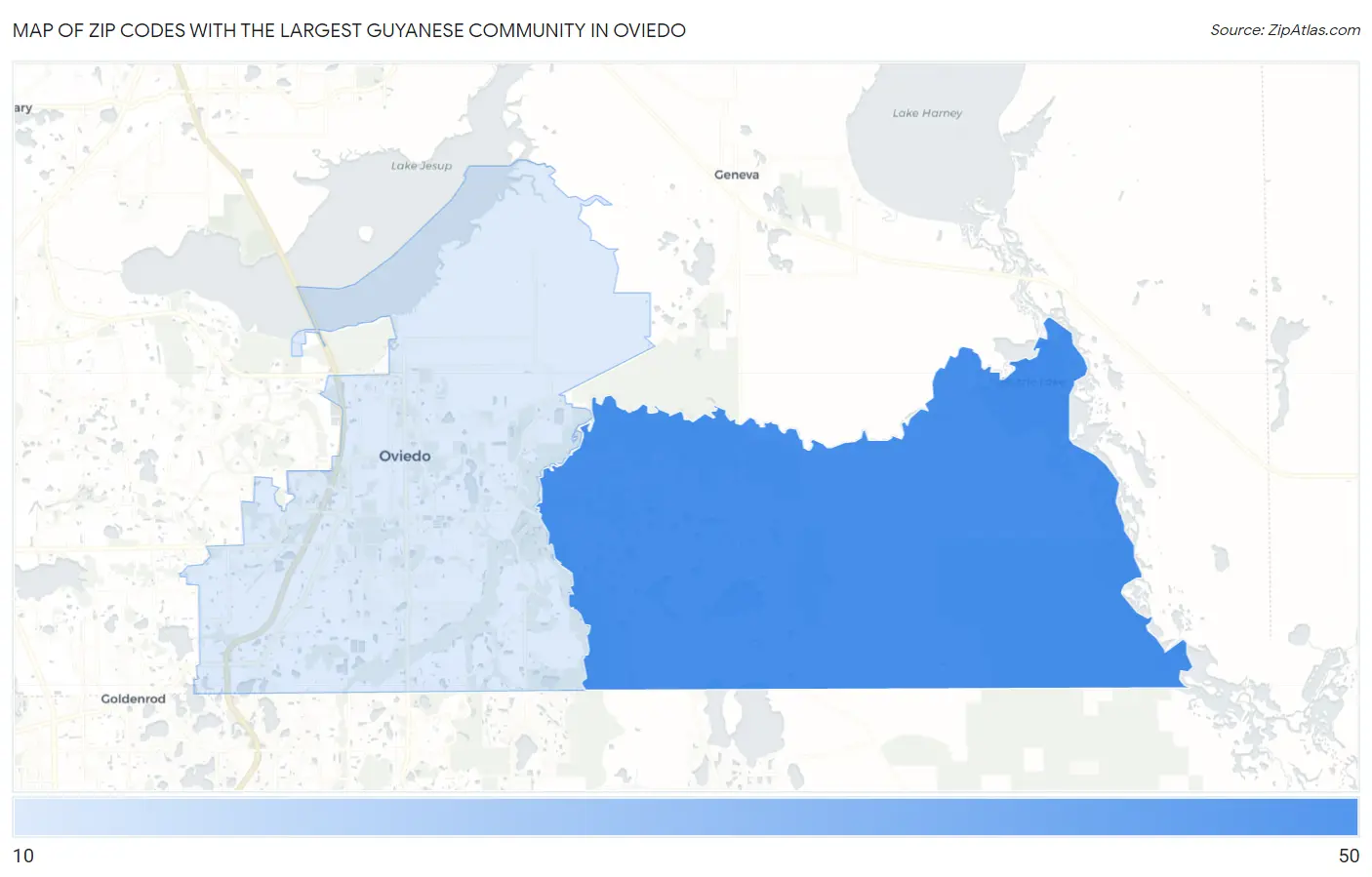 Zip Codes with the Largest Guyanese Community in Oviedo Map