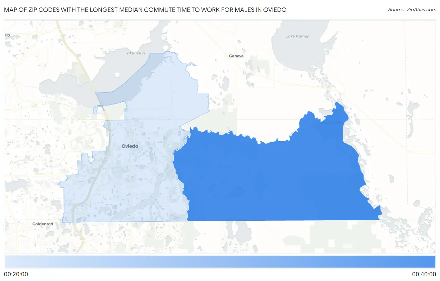 Zip Codes with the Longest Median Commute Time to Work for Males in Oviedo Map