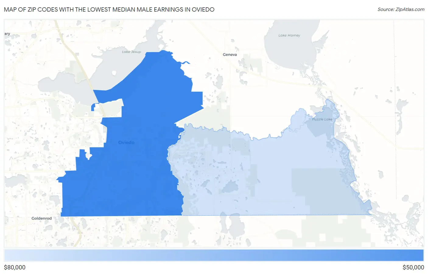 Zip Codes with the Lowest Median Male Earnings in Oviedo Map