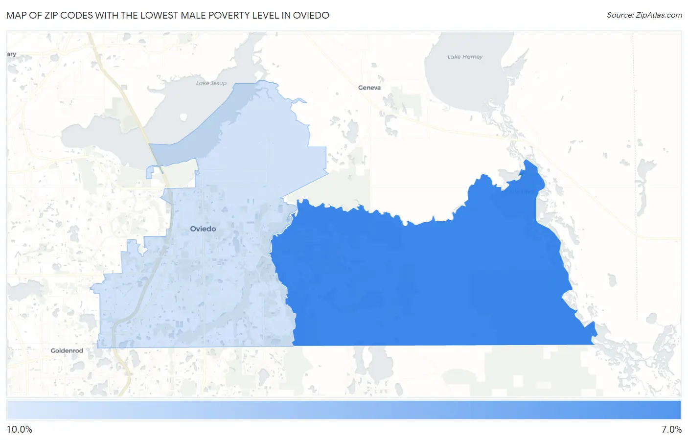 Zip Codes with the Lowest Male Poverty Level in Oviedo Map