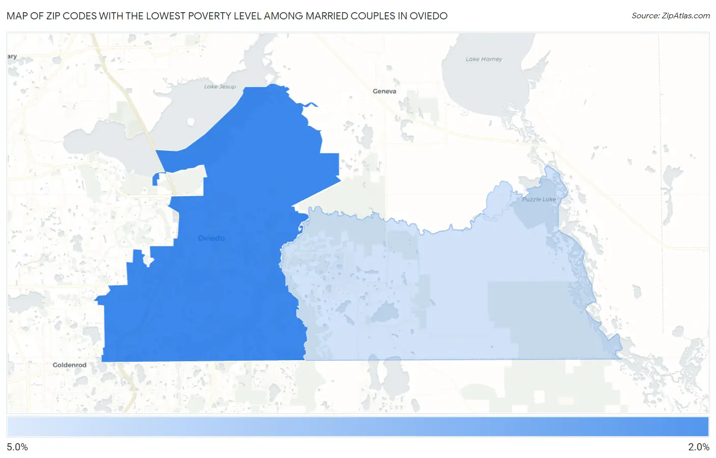 Zip Codes with the Lowest Poverty Level Among Married Couples in Oviedo Map