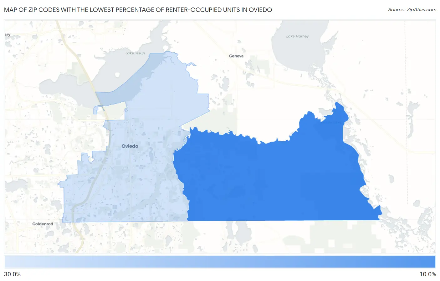 Zip Codes with the Lowest Percentage of Renter-Occupied Units in Oviedo Map