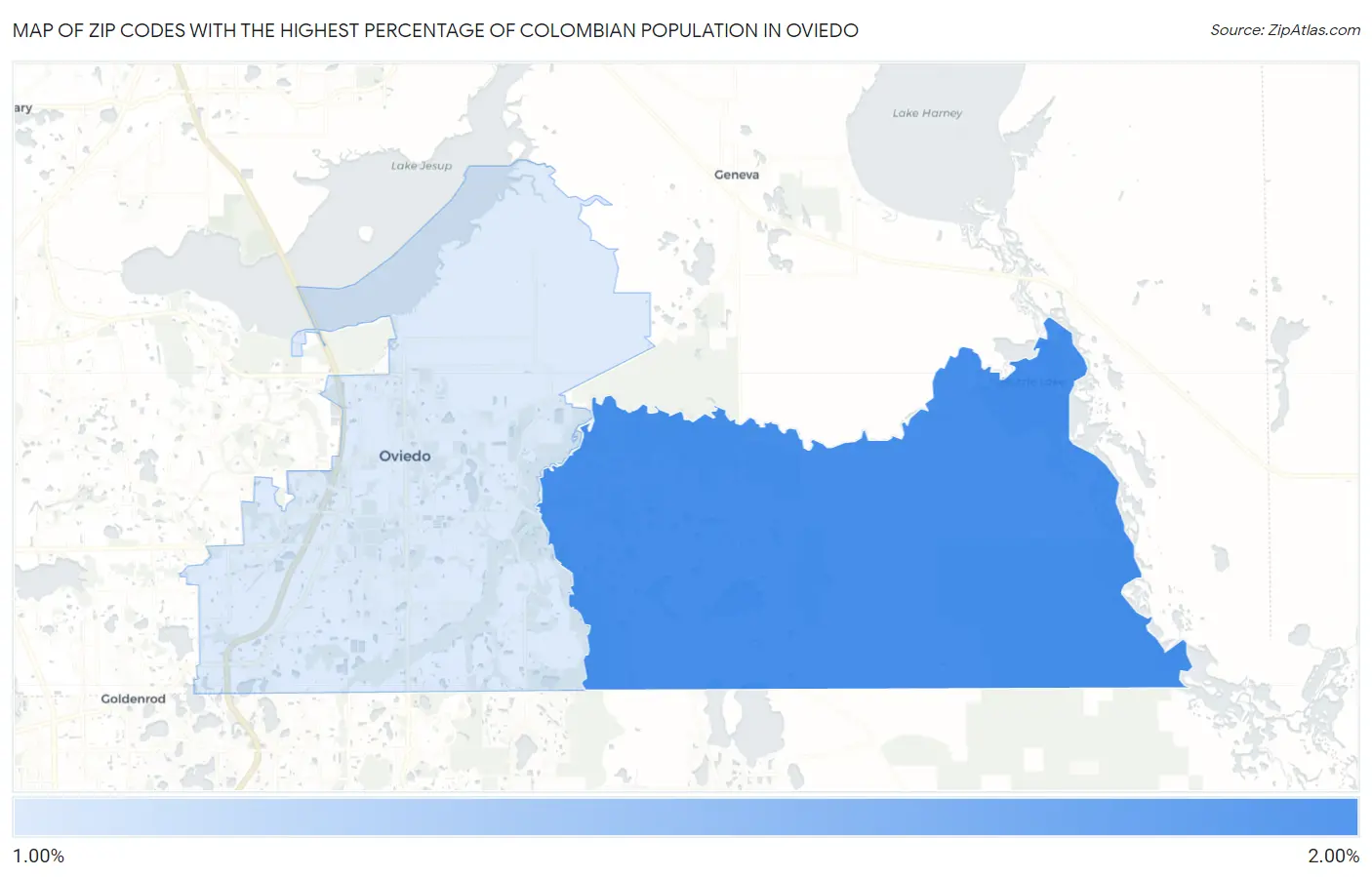 Zip Codes with the Highest Percentage of Colombian Population in Oviedo Map