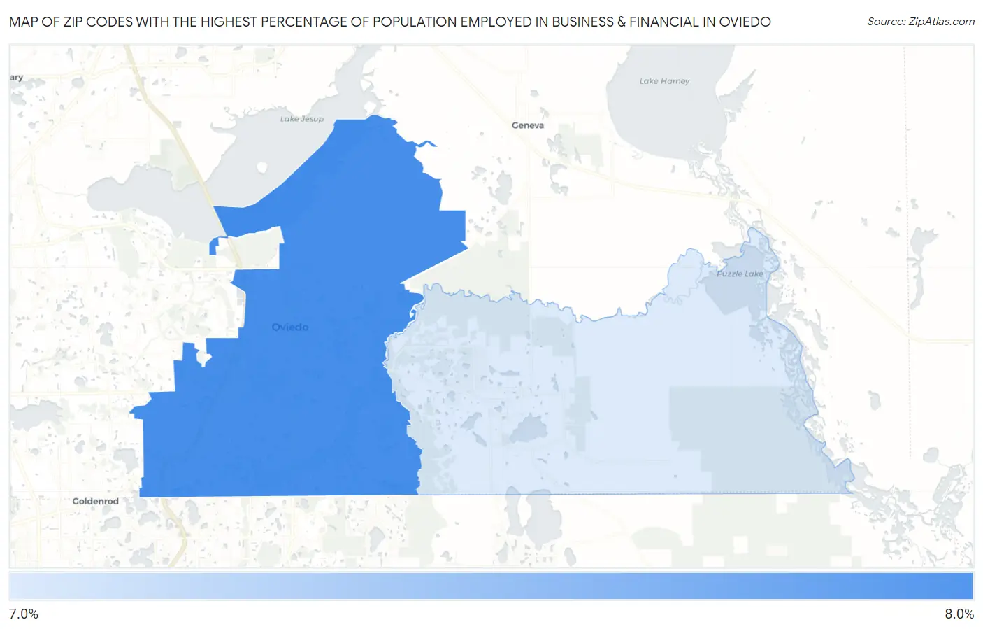 Zip Codes with the Highest Percentage of Population Employed in Business & Financial in Oviedo Map