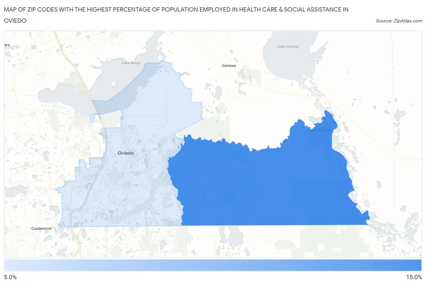 Zip Codes with the Highest Percentage of Population Employed in Health Care & Social Assistance in Oviedo Map