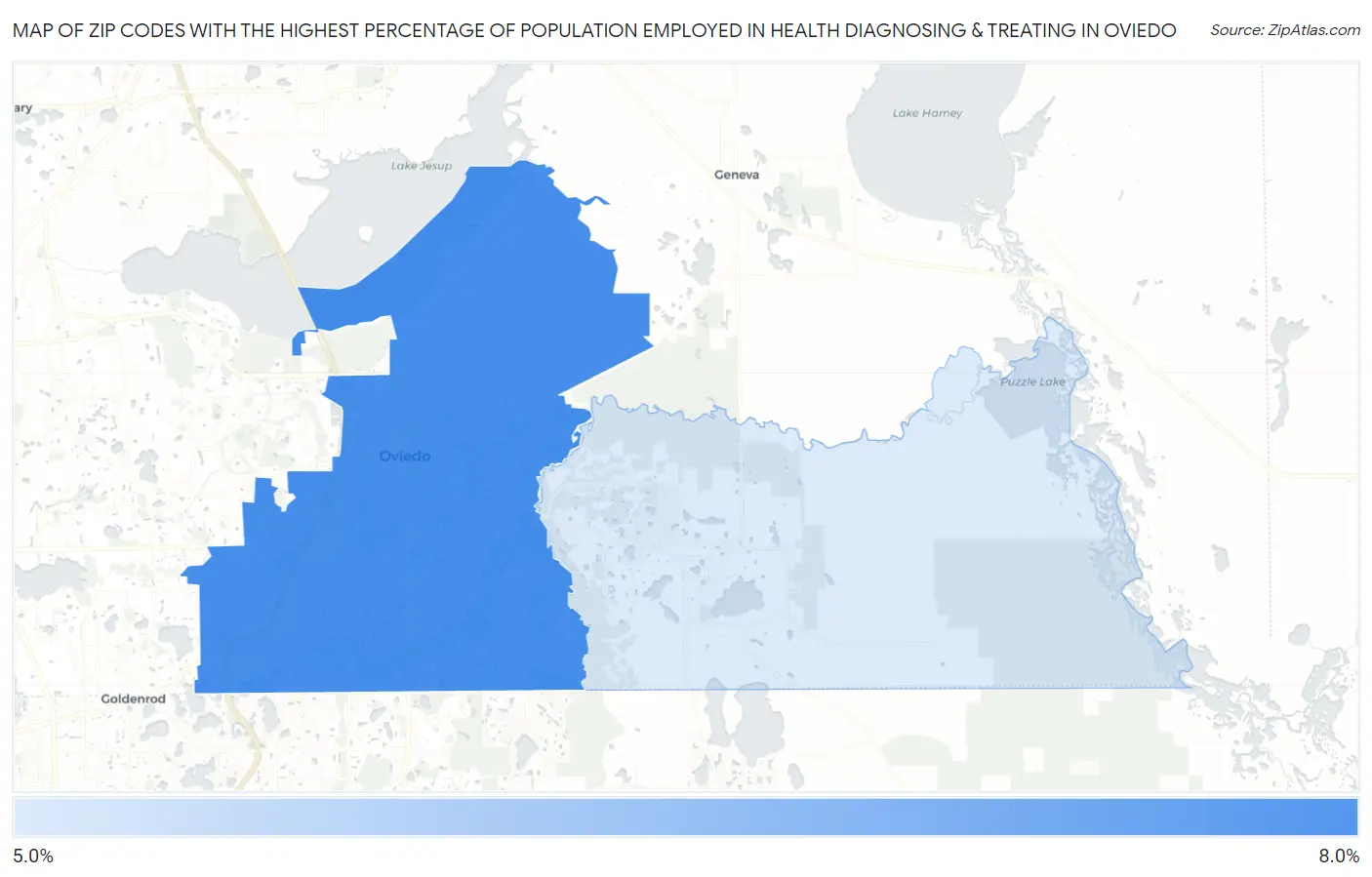 Zip Codes with the Highest Percentage of Population Employed in Health Diagnosing & Treating in Oviedo Map