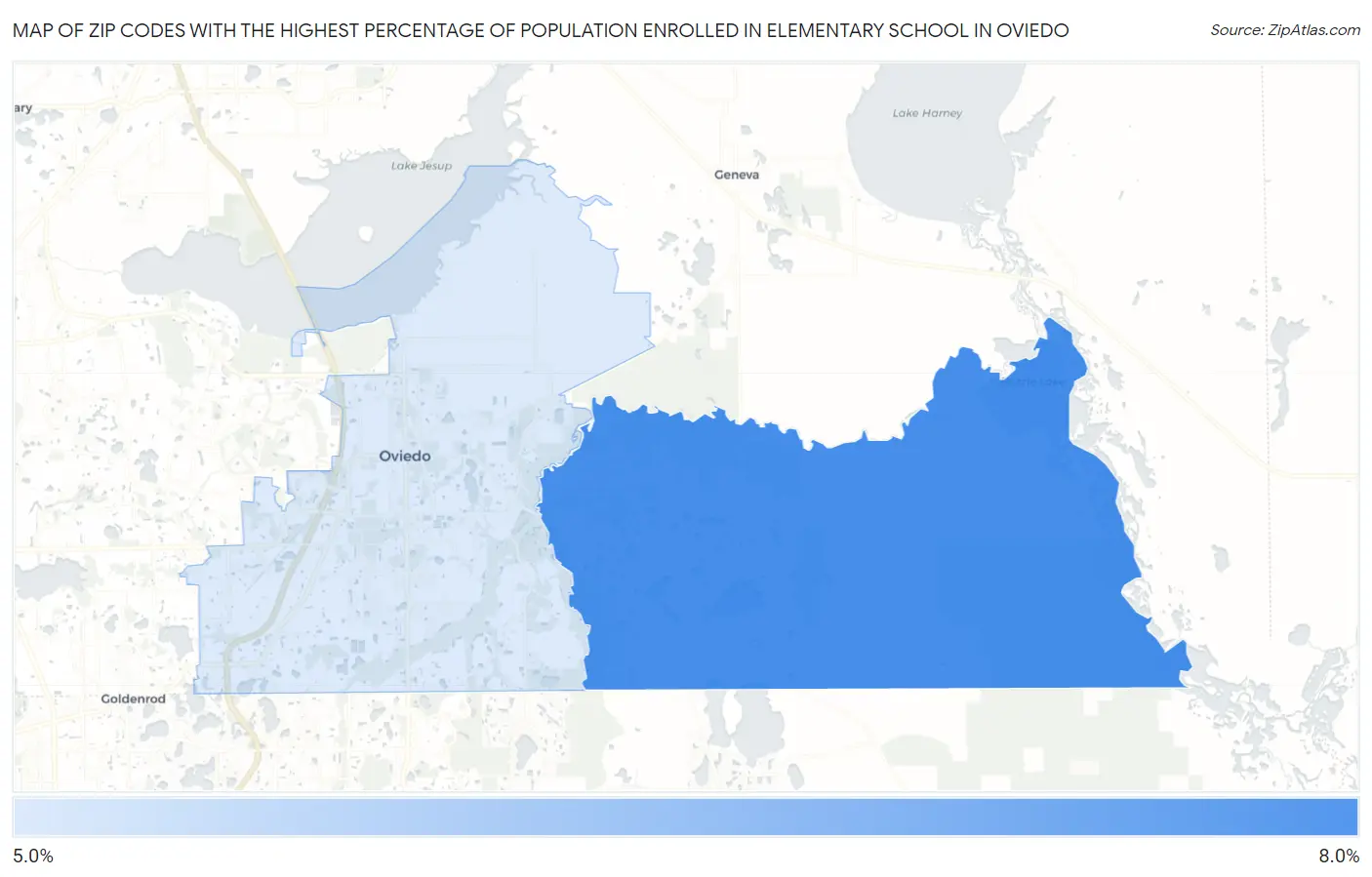 Zip Codes with the Highest Percentage of Population Enrolled in Elementary School in Oviedo Map
